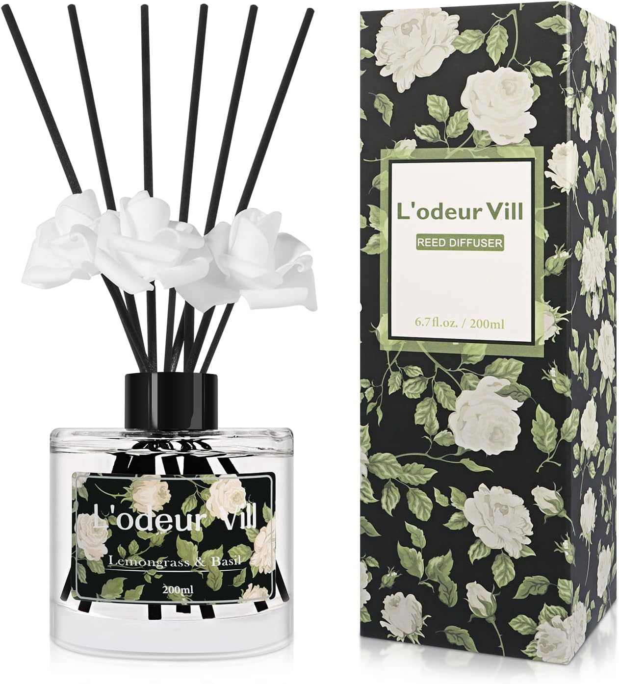 L'Odeur Vill Reed Diffuser Set, 6.7 Oz Lemongrass & Basil Scented Diffuser with 6 Sticks, Reed Diffuser with 3 Artificial Rose Home Fragrance for Bathroom Shelf Decor