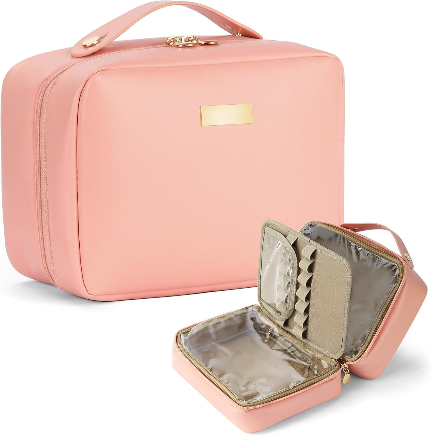 Travel Makeup Bag, Large Capacity Cosmetic Bag, PU Leather Waterproof Cosmetic Bag, Women Portable Travel Makeup Bag with Handle and Free-Standing Brush Holder, Pink, Elegant image number 1