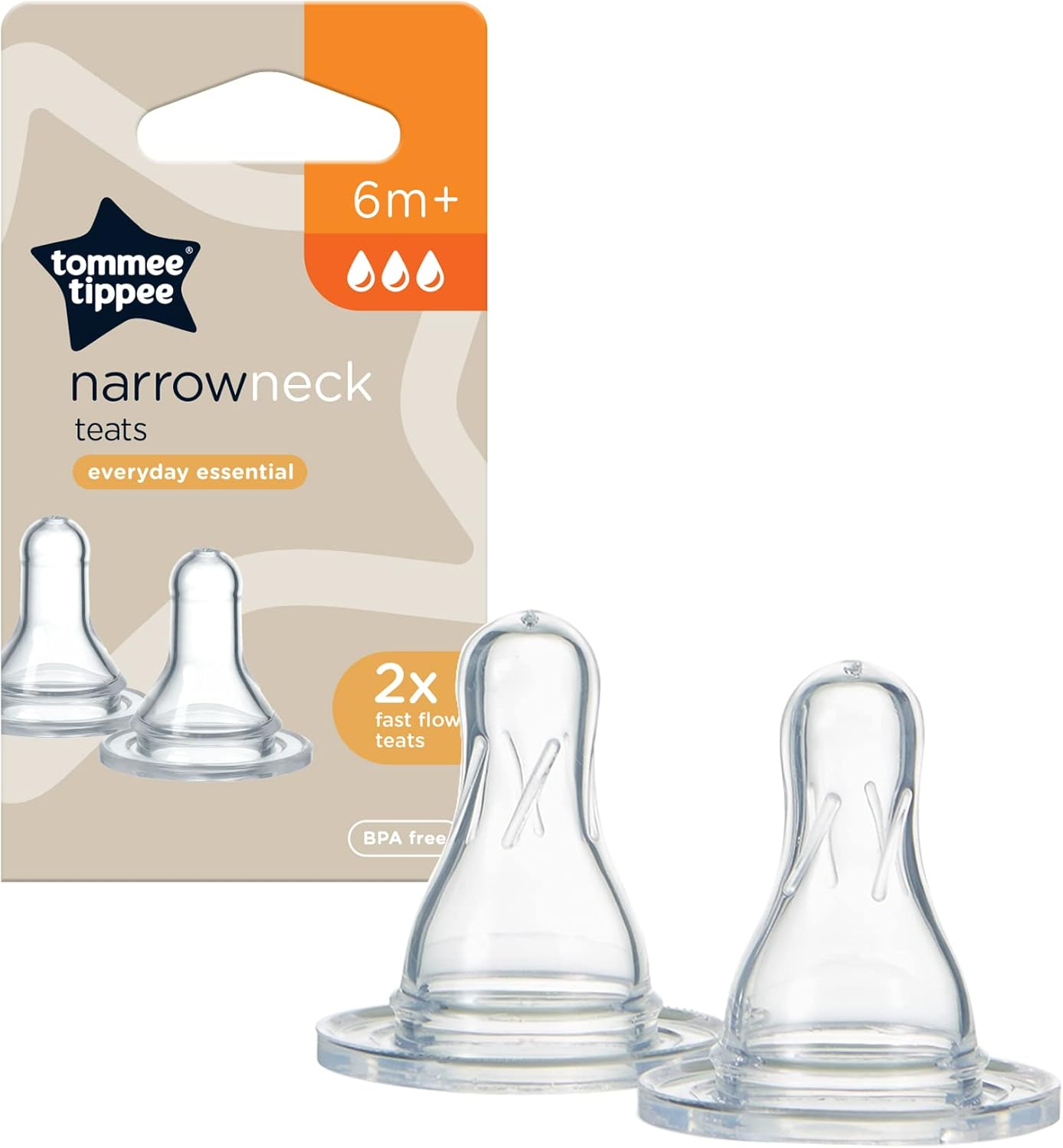 Tommee Tippee Narrow Neck Silicone Fast Flow Baby Bottle Teats, Pack of 2, 6 Months+ image number 2