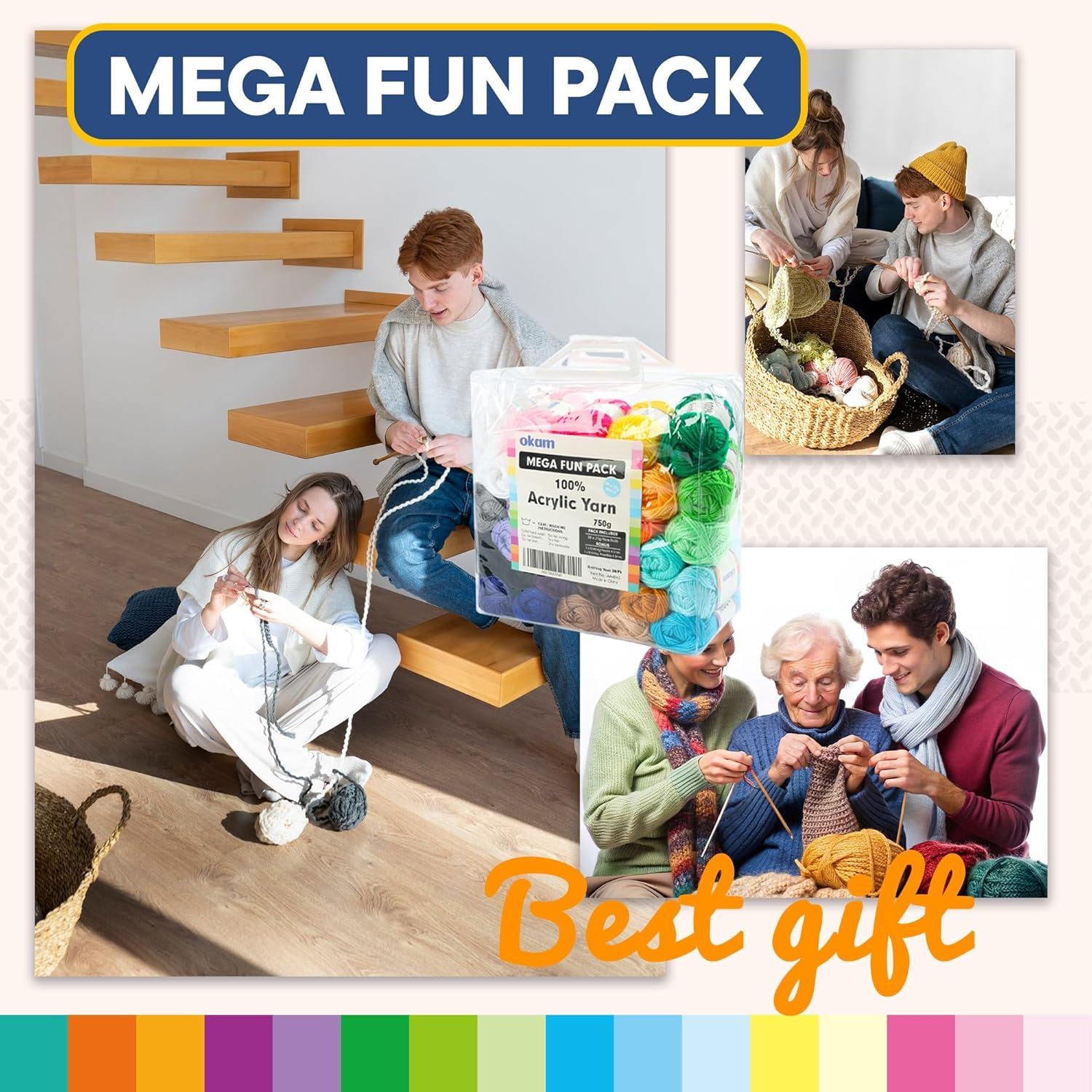 Okam Crochet Yarn Pack of 30 Multipack - 100% Acrylic Coloured Yarn with Crochet Hooks & Knitting Needles & Zipper Carry Bag - Knitting Yarn Kit for Beginners. Kids, Craft Projects 25G Each (750G) image number 6