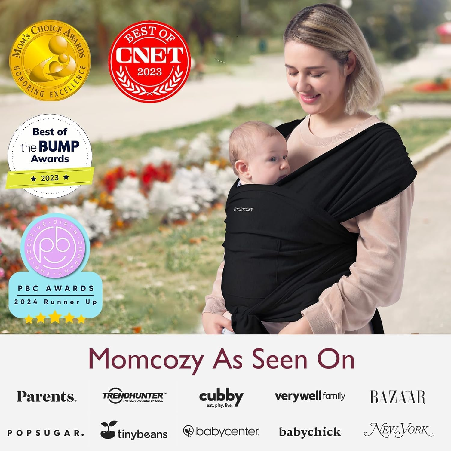 Momcozy Baby Wrap Carrier, Easy to Wear Infant Carrier Slings, Lightweight Hands Free Baby Sling, Adjustable Baby Carriers for Newborn to Toddler 8-35 Lbs, Black image number 3