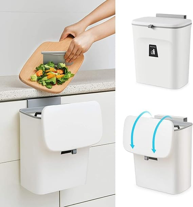 Fohouse Kitchen Compost Bin for Counter Top or under Sink, Hanging Small Trash Can with Lid for Kitchen Cabinet Door, under Sink Garbage Can for Bathroom, Wall Mounted Counter Waste Compost Bin(White)