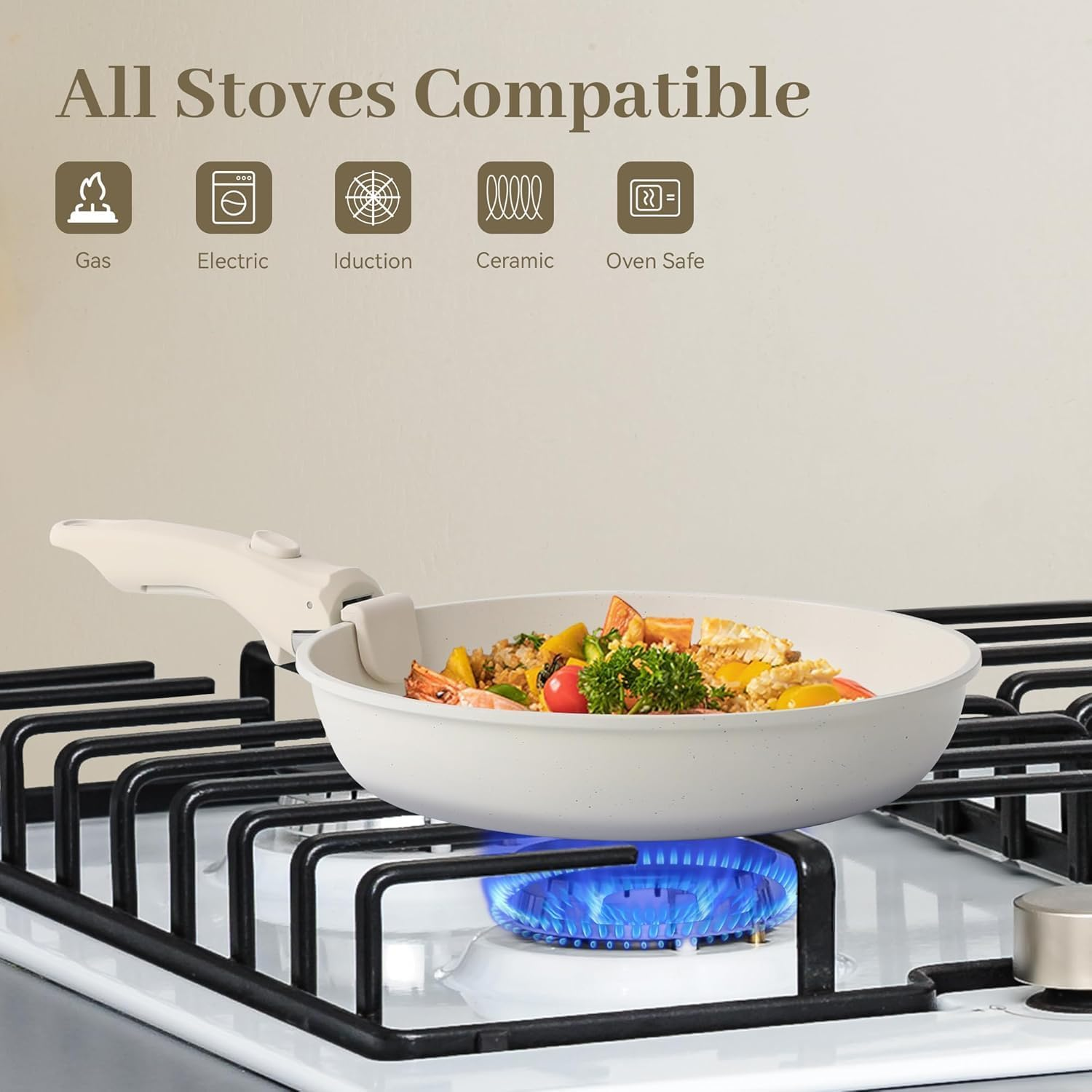 Pots and Pans Set Non Stick, 15Pcs Kitchen Cookware Sets, Dishwasher/Oven/Fridge Safe, Space Saving Pots Set, Nonstick Set with Versatile Detachable Handle, Induction RV Set, Cream (Cream Color) - Black image number 4