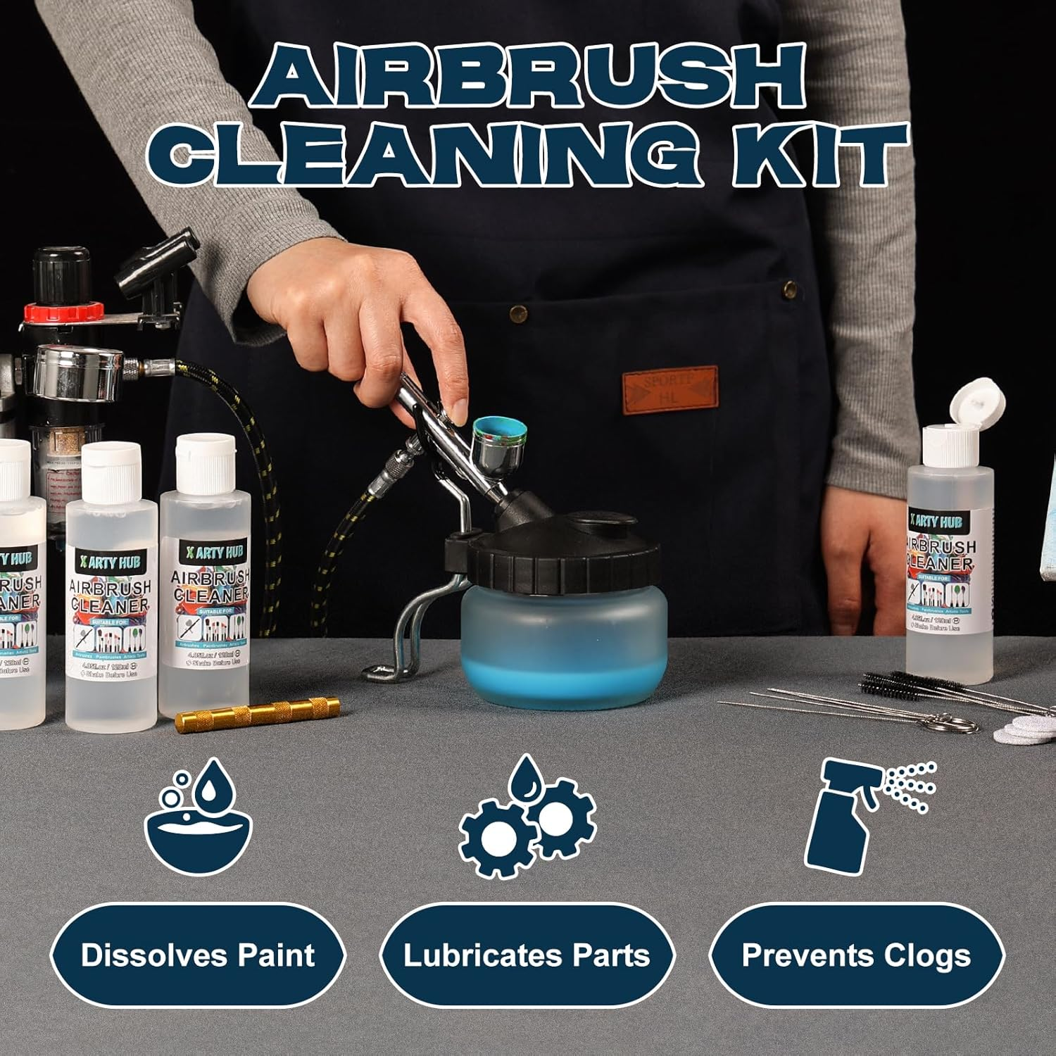 X ARTY HUB Airbrush Cleaning Kit - 4 * 120 Ml Airbrush Cleaner with Glass Cleaning Pot, Easily Handle Water-Based and Acrylic Paints, for Airbrushes & Other Artistic Tools image number 3