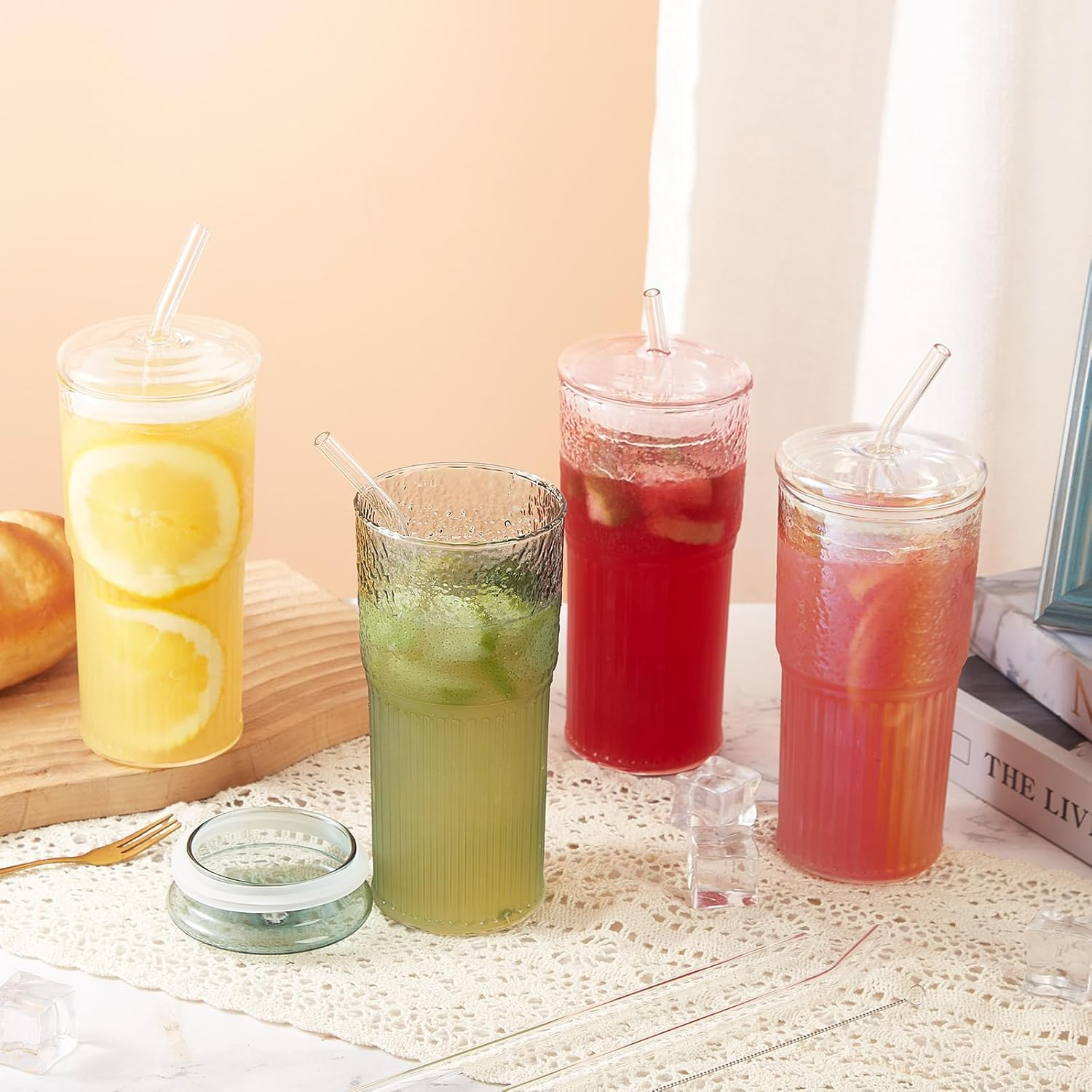 GOSCHE Glass Cups with Lids and Straws, 20Oz Glass Cups Drinking Jar, Clear Iced Coffee Cups, Vintage Ripple Glass Tumbler for Water Coffee Tea, Clear, 2Pcs image number 6