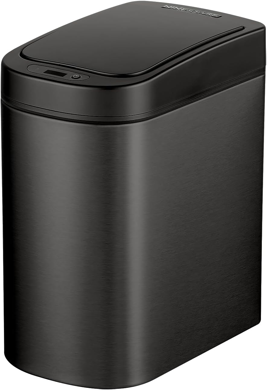 Ninestars DZT-12-5 Bedroom or Bathroom Automatic Touchless Infrared Motion Sensor Trash Can, 3 Gal 12L, Stainless Steel Base (Rectangular, Black Lid)