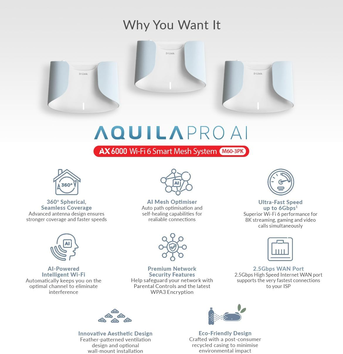 D-Link Aquila PRO AI AX6000 Wi-Fi 6 Mesh System (M60 3-Pack) - Dual-Band Wi-Fi 6 Mesh System, 740Sqm Coverage, 2.5Gbps WAN Port, WPA3 Security, Voice Control image number 3