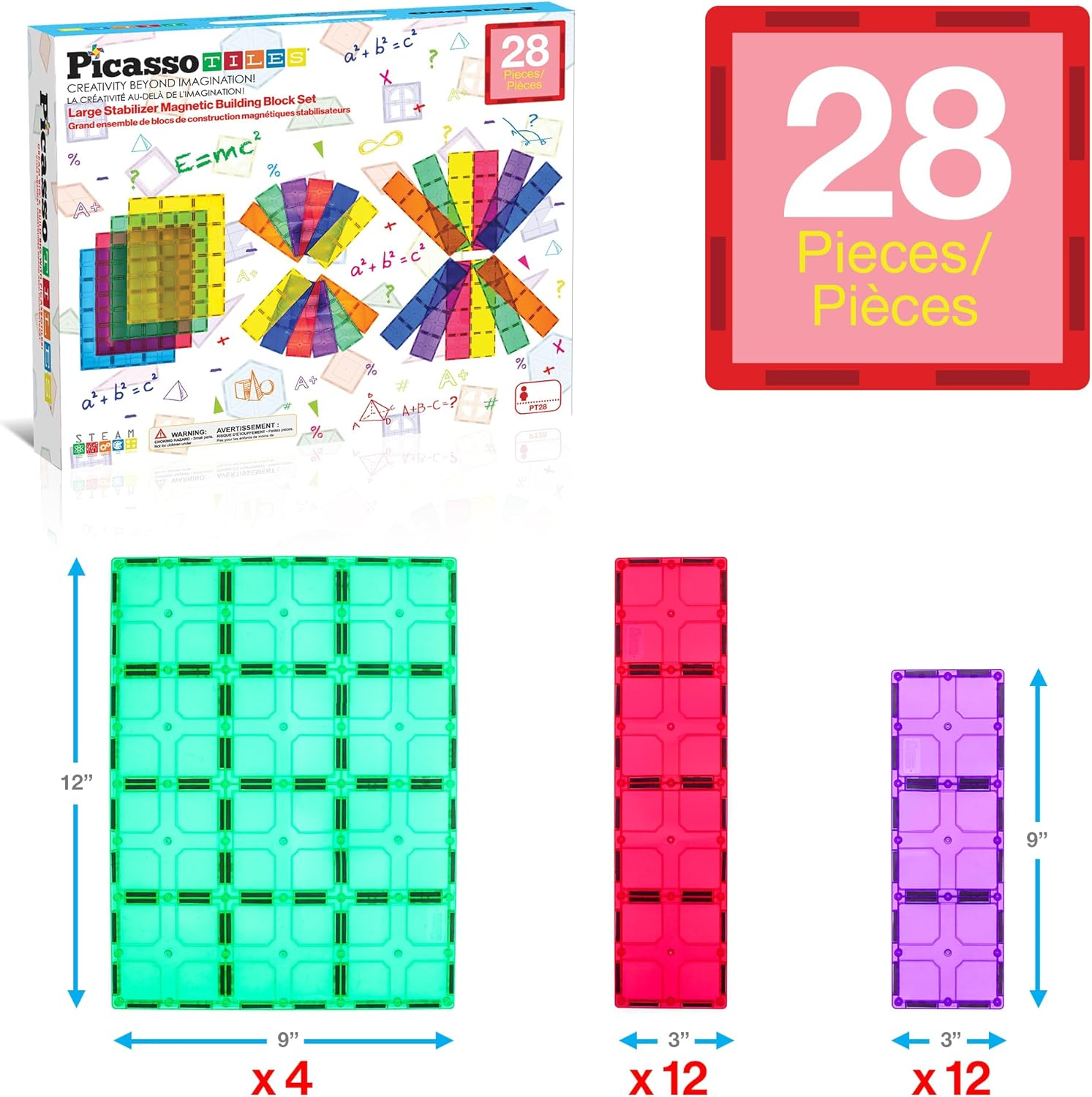 Picassotiles 28 Piece 12"X9", 12"X3", 9"X3" Large Stabilizer Building Block Base 28Pc Jumbo XL Plate Foundation Kit Magnetic Building Blocks Magnet Tiles Educational Construction Stacking STEM Toy Set image number 5