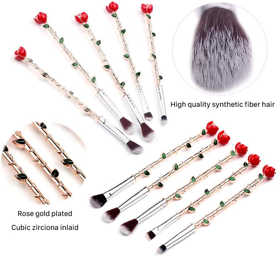 Rongji Jewelry Rose Gold 5Pcs Wand Makeup Brush Set - Synthetic Fiber, Metallic Handle - Eyebrow, Eyeshadow, Foundation, Blending, Lips - Great Gift - Gold image number 5