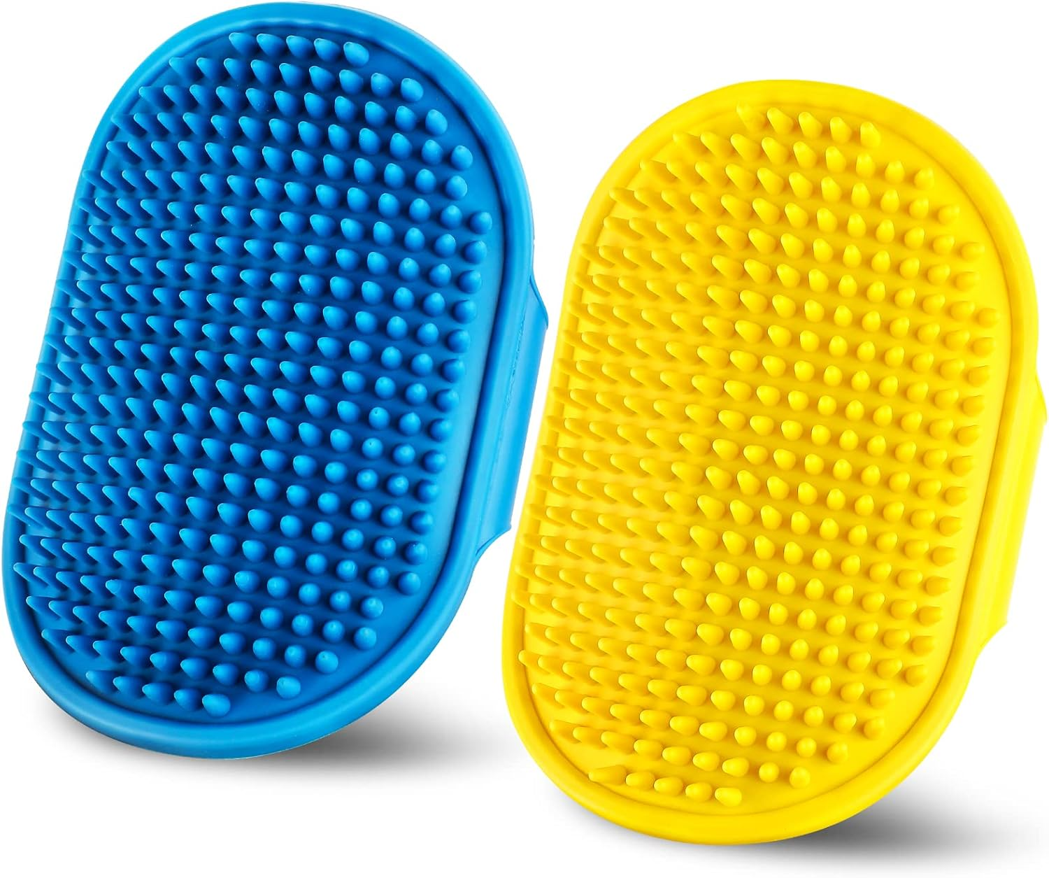 Dog Grooming Brush，Pet Shampoo Massage Bath Brush Comb with Adjustable Loop Handle for Grooming Short and Long Hair Cats and Dogs, 2Pcs(Tapered Brush Head, Blue+Yellow)