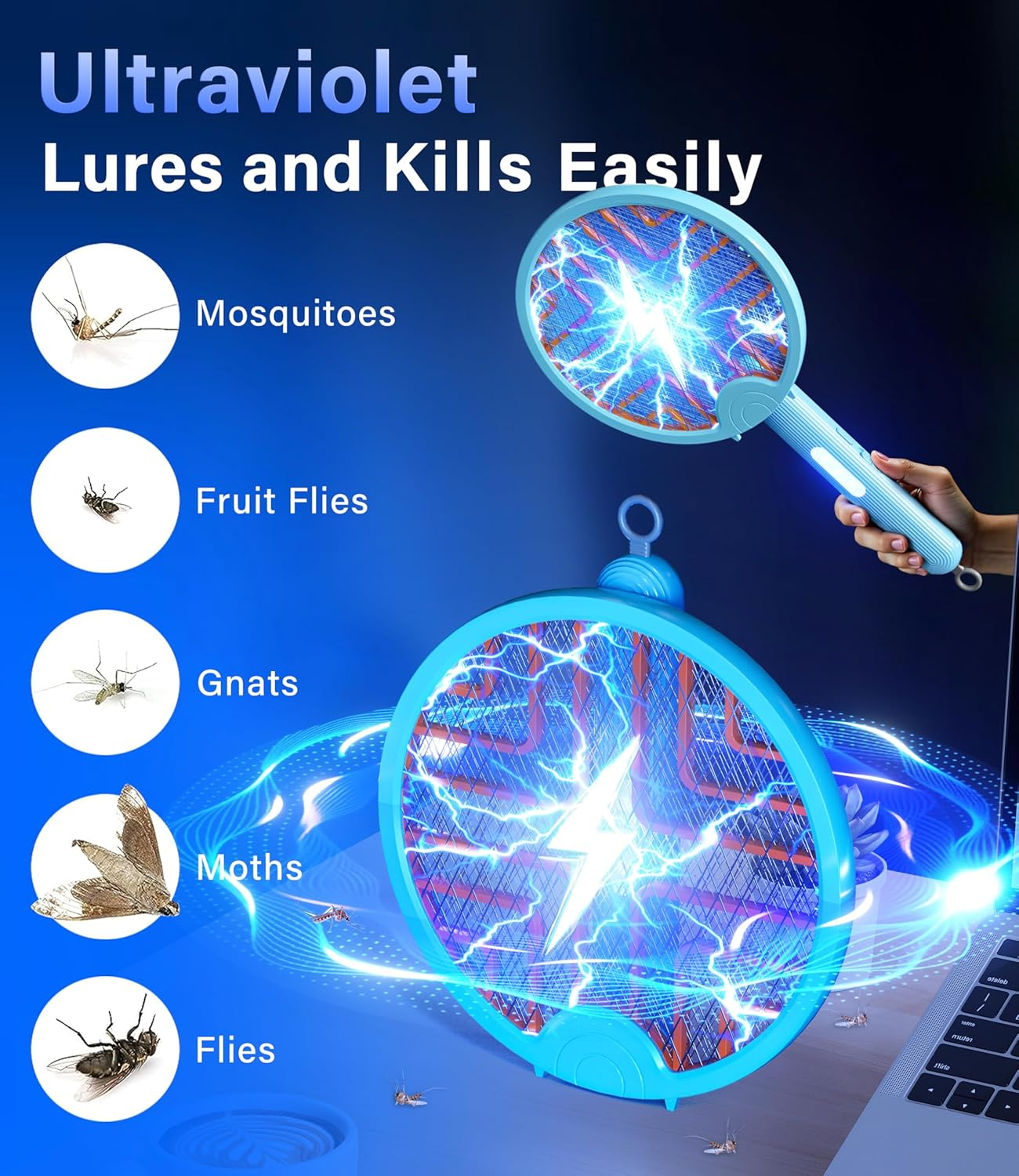 Mosquito Zapper Electric Fly Swatter - Bug Zapper Fly Swatter Racket, 2IN1 Foldable Mosquito Trap Fly Killer, 4000V Mosquito Repellent with 3-Mode USB Rechargeable for Indoor Outdoor, Garden&Camping image number 2