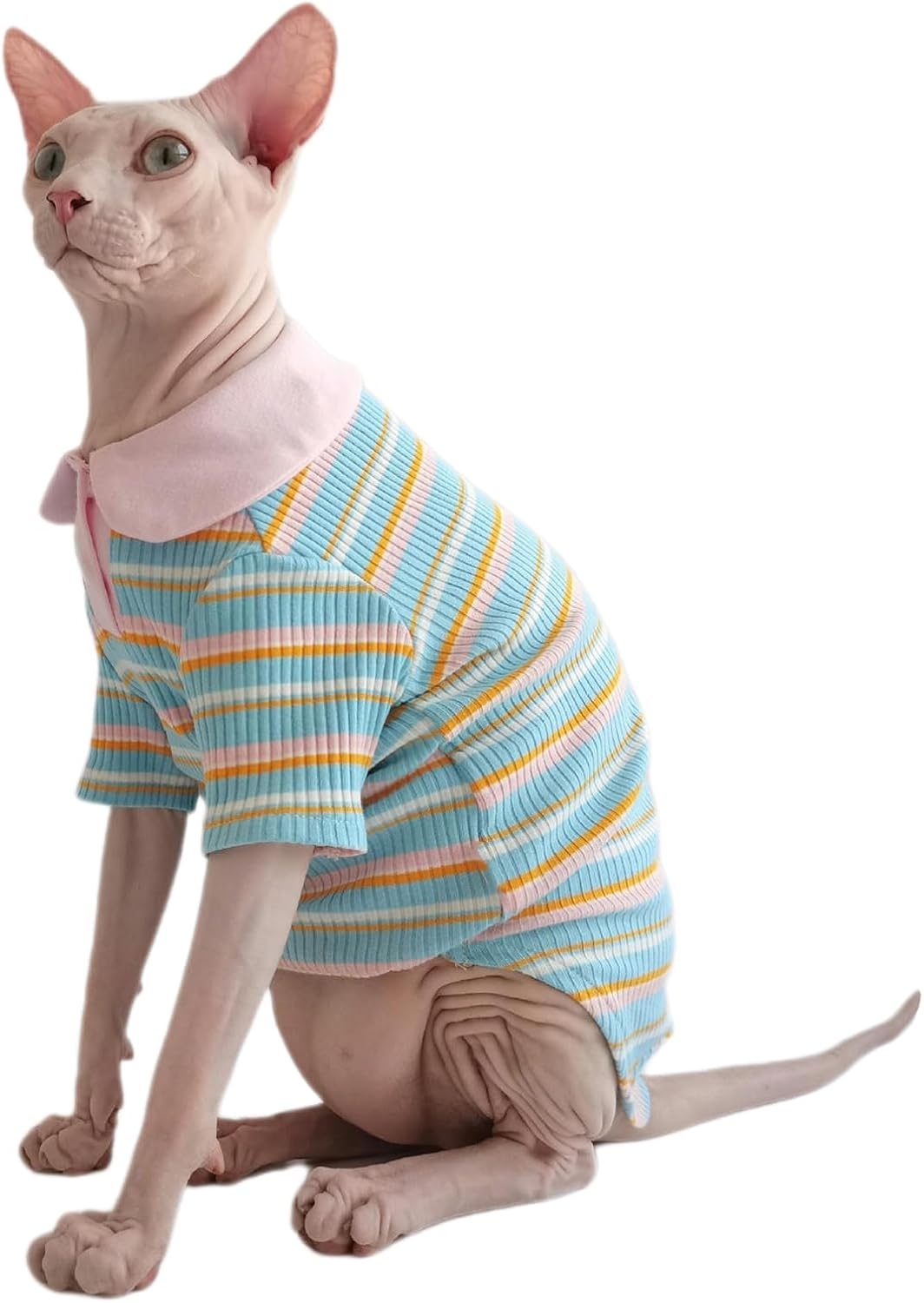 IUOUTG Summer Sphynx Cat Shirt Soft Cotton Hairless Cat Clothes Color Stripes Kitten T-Shirt Short Sleeves Pullover Cat Pajamas Cat Daily Wear Clothes for Devon Cats Apparel image number 1