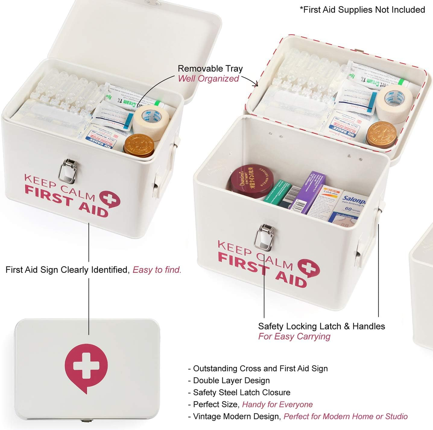 Keep Calm First Aid Medicine Organizer Storage Metal Box with Lid, Latch Closure, Removable Tray and Side Handles, Vintage Empty Box for Home, 9" X 6.3" X 6.5", Milky White image number 2