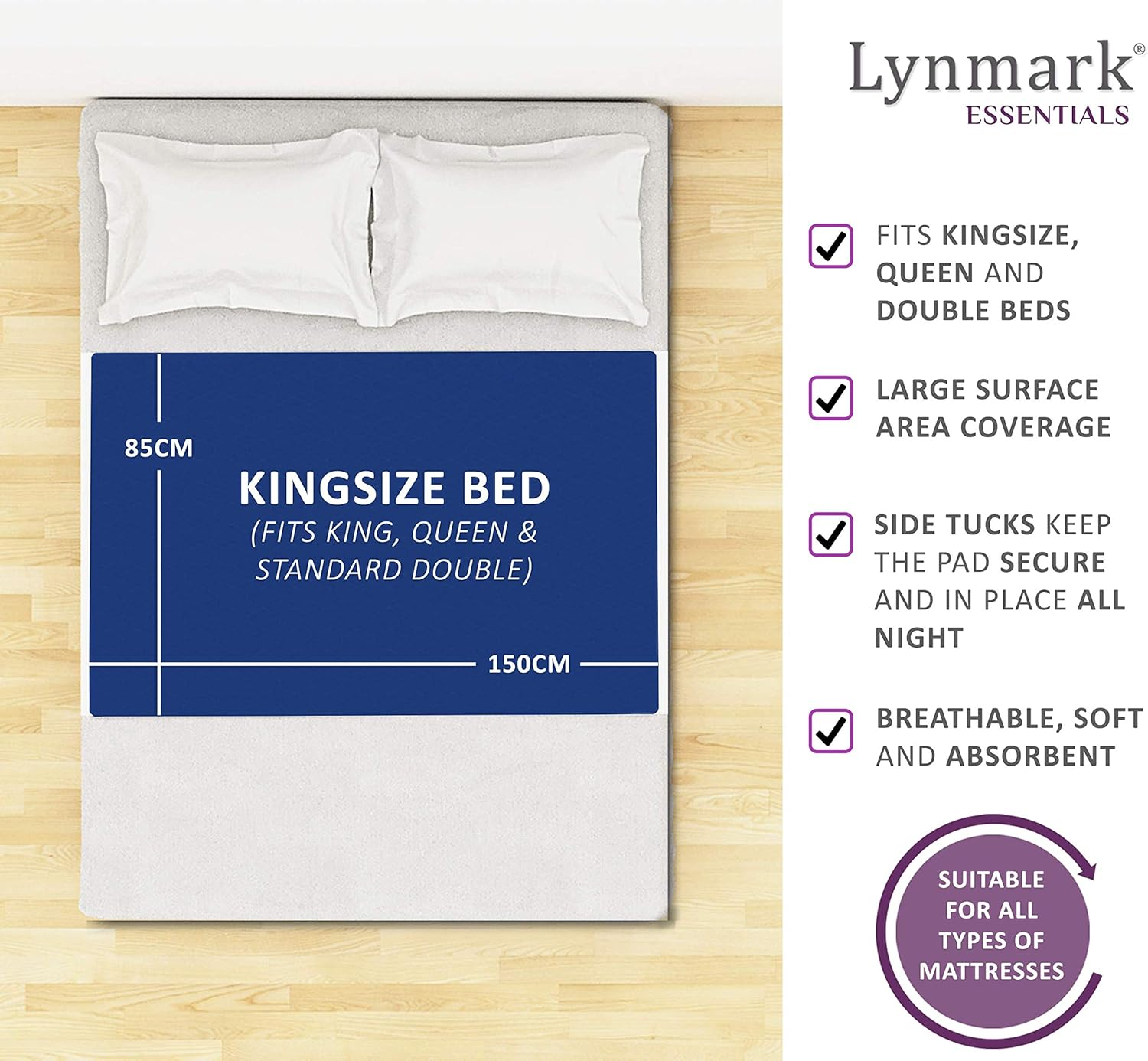 Lynmark Washable Bed Protector/Pad with Tucks - Kingsize | anti Stain Navy Kylie Sheet Is Oekotex Certified & Best Used for Incontinence & Bed Wetting|Waterproof Mattress Cover Absorbs up to 3 Litres, image number 2