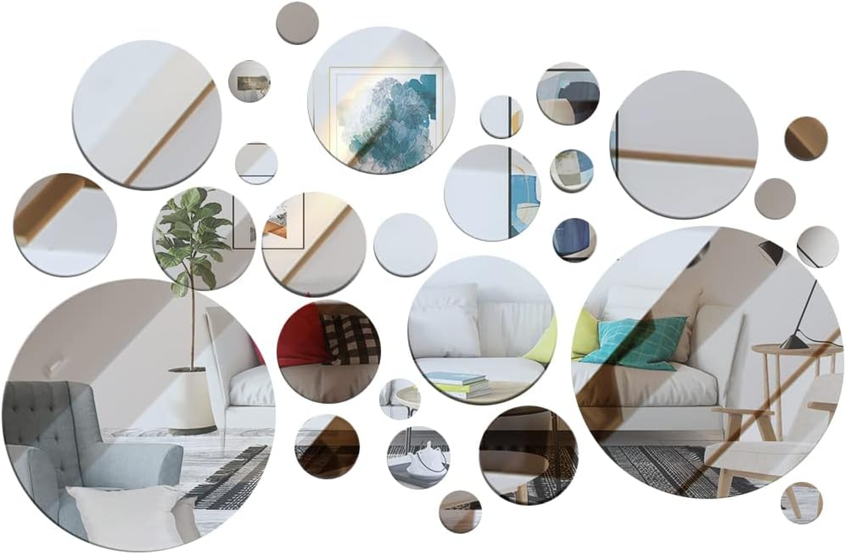32 Pcs Acrylic Mirror Wall Stickers, Removable Wall Decal Mirror Set, Bathroom Wall Sticker Art, Circle Ceiling Mirrors for Bedroom, Home, Living Room, Sofa TV Background Decor (Medium)