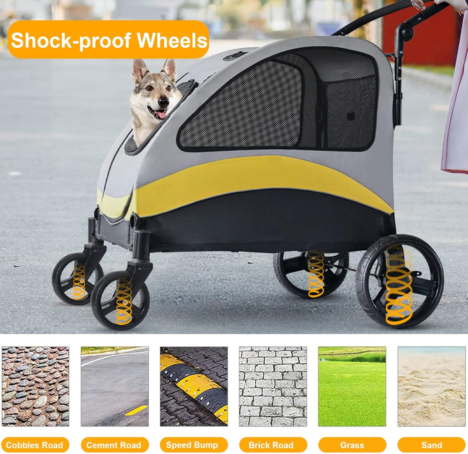 4 Wheels Pet Stroller Breathable Large Dog Pushchair Cat and Dog Trolley with 78Cm Entry Door Load up to 42Kg image number 6