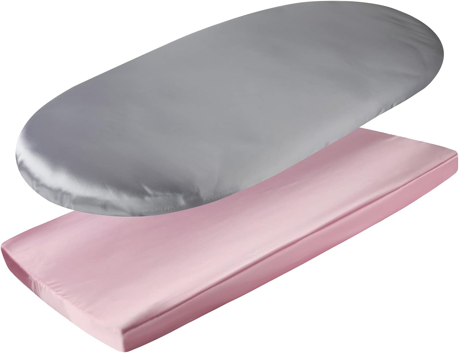 Satin Bassinet Sheet Set 2 Pack Ultra Soft Silk Fit for Rectangle, Hourglass, Oval Bassinet Mattress Protect for Baby Hair and Skin Cradle or Bassinet Sheets, Lt Grey & Pink image number 6