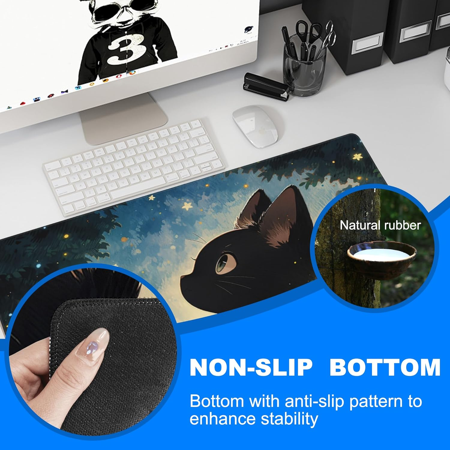 Desk Pad, Anime Cute Black Cat Extended Gaming Mouse Pad Large, 31.5"X11.8" Big Mouse Pad with Non-Slip Base and Stitched Edge, Long Computer Keyboard Mouse Mat for Home Office Work image number 5