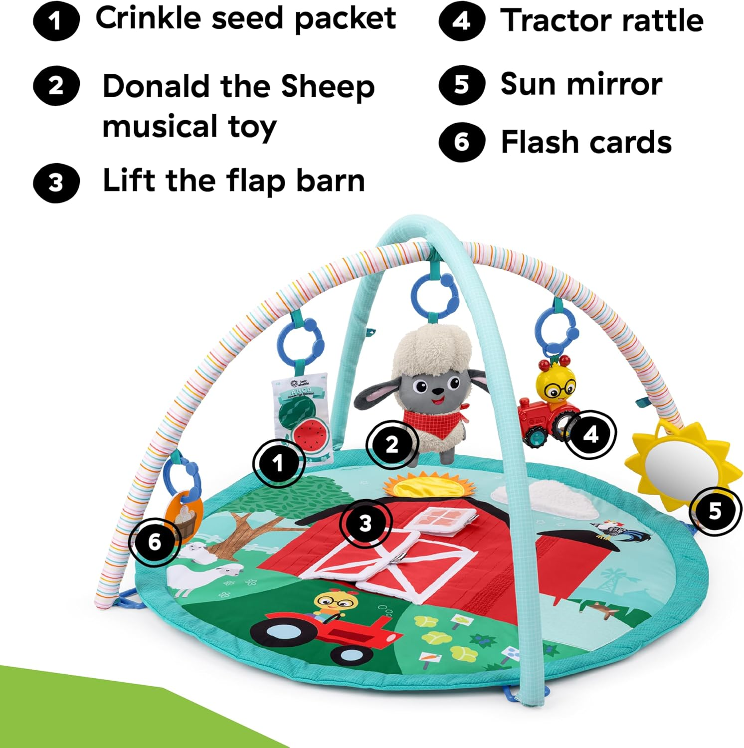 Ingenuity Baby Einstein Farm Explorers Happy Harvest Touch & Feel Baby Play Gym & Mat with 5 Removable Toys, 20+ Songs & Sounds, Ages 0+ Months image number 5