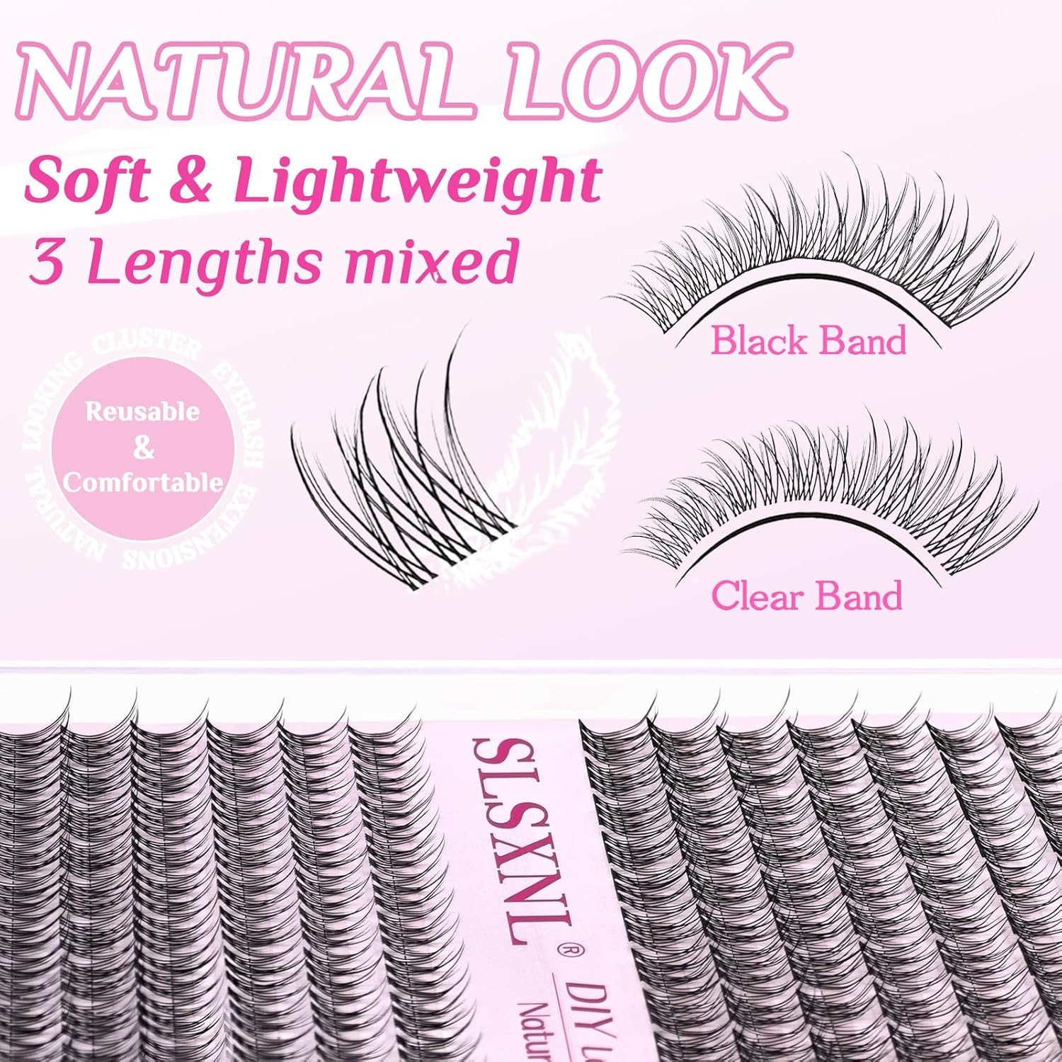 SLSXNL Natural Lash Clusters Wispy Clear & Black Band Eyelash Cluster Lashes 10-12MM C Curl Thin Band False Eyelashes Extensions image number 2