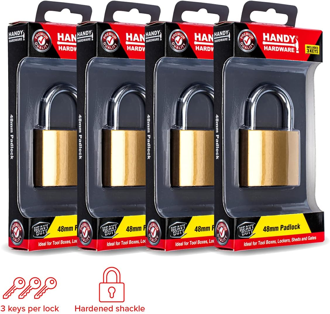 [4PCE] Handy Hardware Heavy Duty Padlocks, Premium Quality, Stainless Steel Shackle, Solid Brass Body and Cylinder, anti Rust and Cut Resistant, Helps Keep Valuables Safe and Secure - 48Mm image number 2