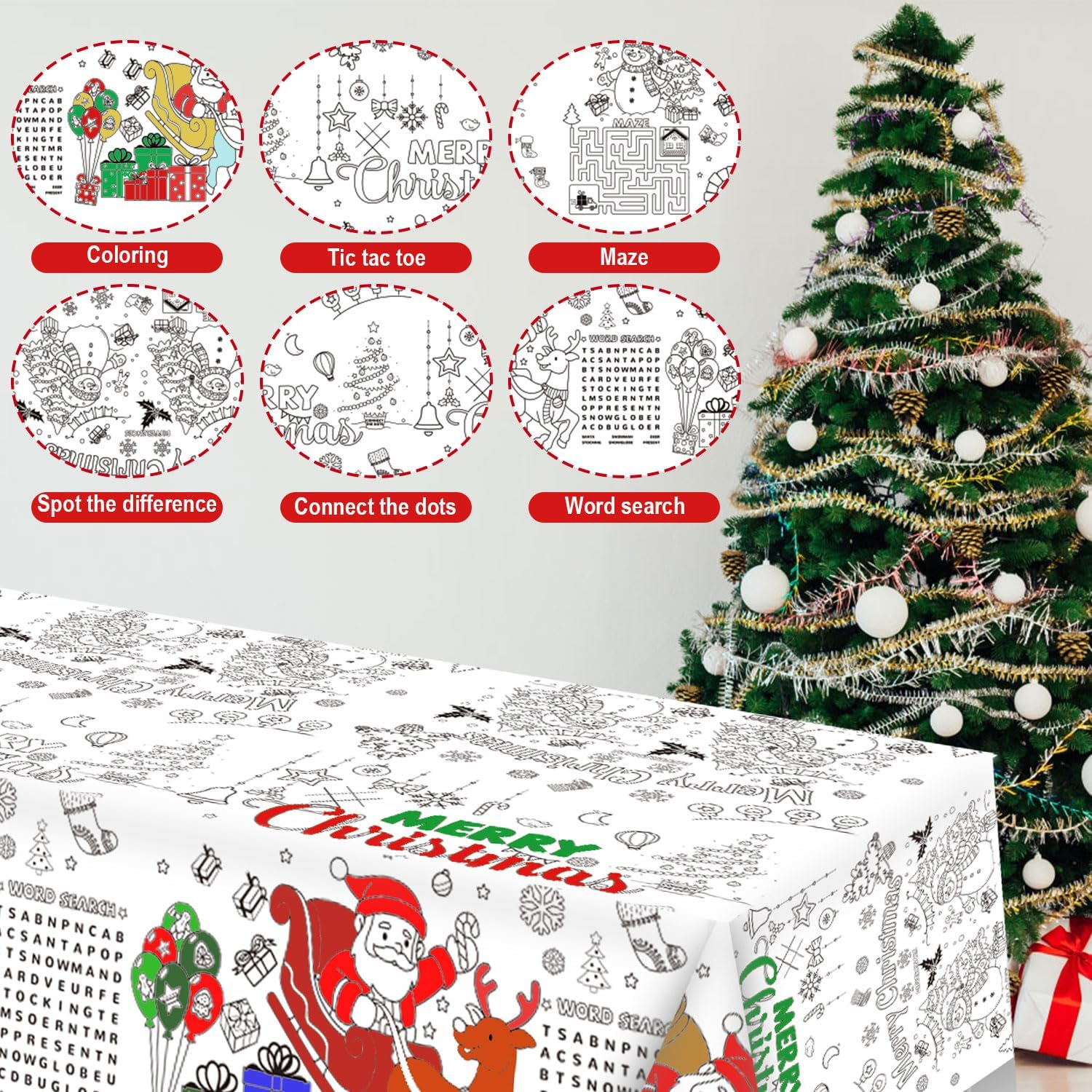 2Pcs Christmas Coloring Tablecloth, 53.9X107.9 Inch Christmas Paper Tablecloth Christmas Table Decor Coloring Poster for Kids Home Classroom Activities Party Favors image number 3