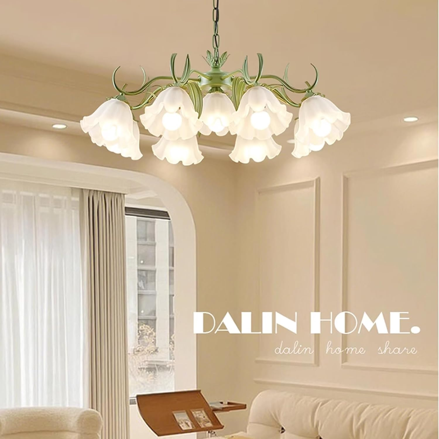 French Country Ceiling Light, Vintage Flower Chandelier with Acrylic Shade, Black and Gold Pendant Lights for Living Room, Bedroom, Kitchen, Hallway (Green,6Heads)