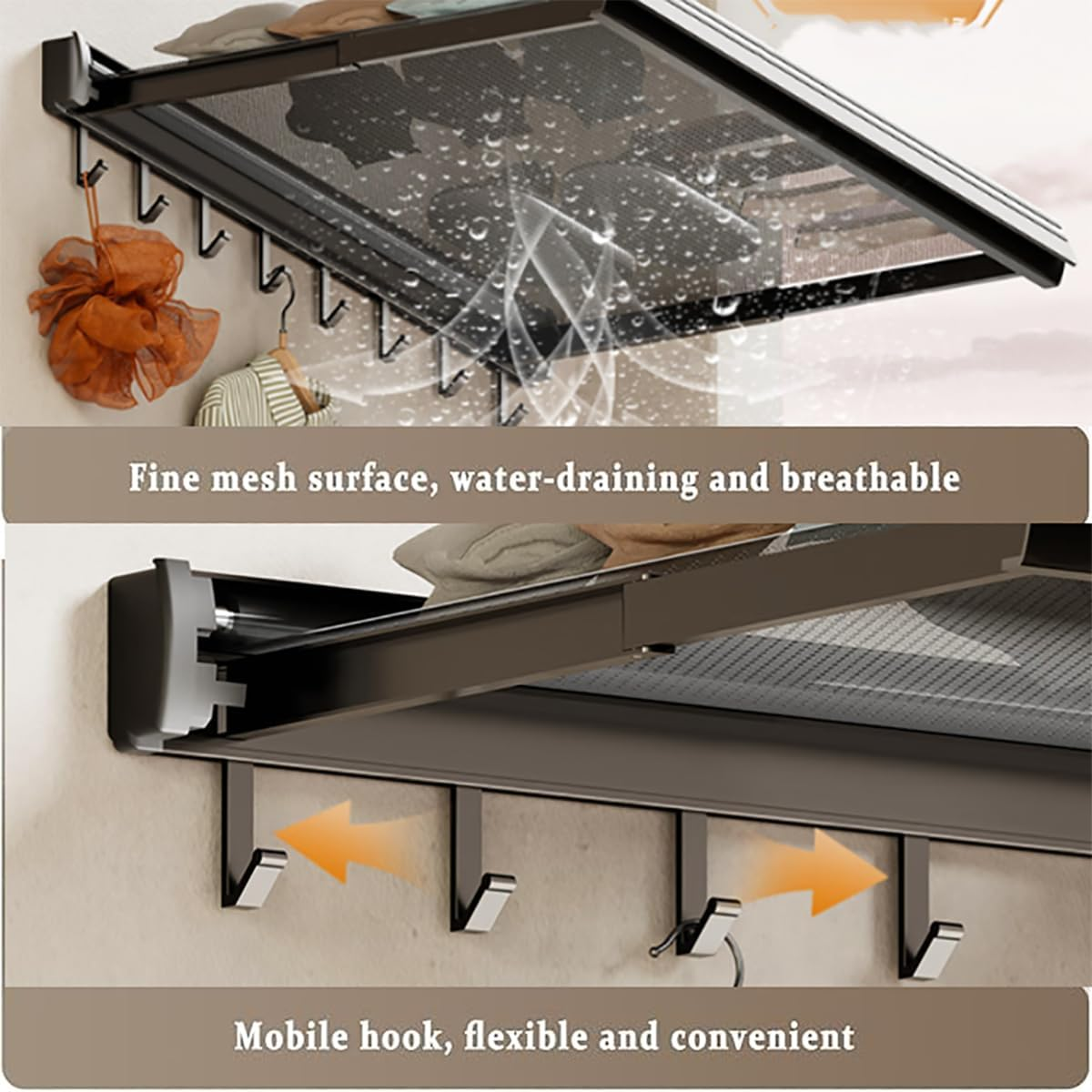 CLOUDSEASON Bathroom Clothes Hanger Adjustable Drying Rack Peel-And-Stick Installation - Wet/Dry Separation Design - Multi-Purpose Clothes and Shoes Drying Rack - 2 Size Options (44Cm 6 Hooks) image number 6