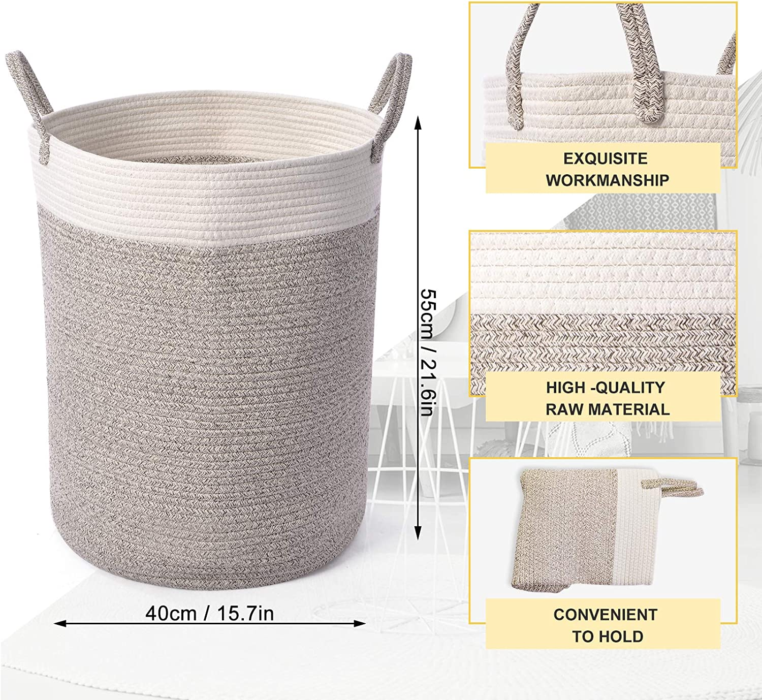 Xcellent Global Cotton Woven Storage Basket, Large Rope Nursery Hamper Bin and Organizer with Handles for Blankets, Toys, Towels and Laundry D40 X H55Cm image number 2