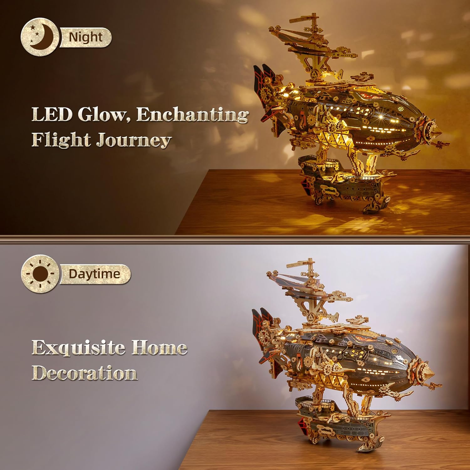 LED 3D Wood Puzzle Fantasy Airship Model - Steampunk DIY Craft Kit with LED Lights &ndash; Intricate Wooden Airship Model Building Set for Teens and Adults (Gray) image number 3