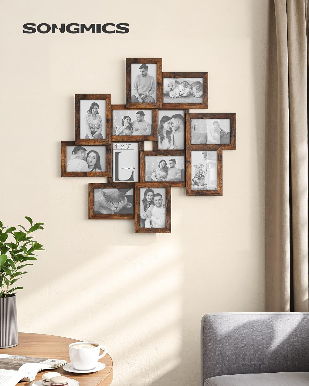SONGMICS Picture Frame Collage for 12 Photos in 4X6, Picture Frames, Photo Frame Set, Glass, Assembly Required, Wall-Mounted, Family Photos, MDF, Rustic Brown RPF022X01