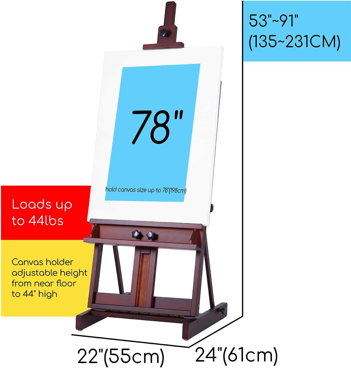 MEEDEN Walnut Large H- Frame Studio Easel, Solid Beech Wood Easel for Heavy Duty, Adjustable Floor Easel, for Acrylic, Watercolor, Oil Painting, Doing Pastel, Portrait Work, Hold Canvas up to 77" - Deep Walnut image number 5