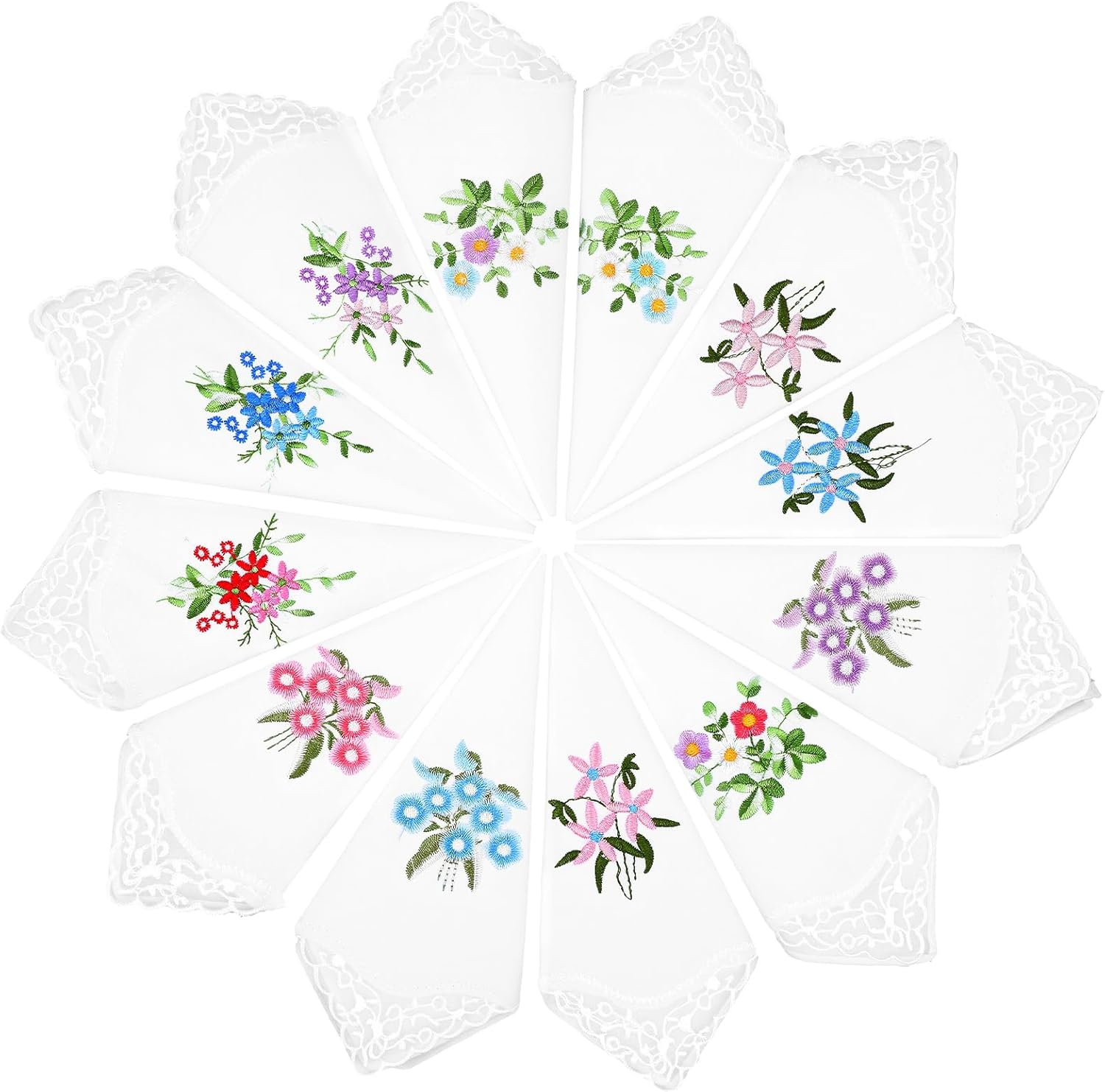 LXUEJIE 12Pcs Cotton Handkerchiefs for Women, Flower Embroidered with Lace Handkerchief White Ladies Hankies image number 4