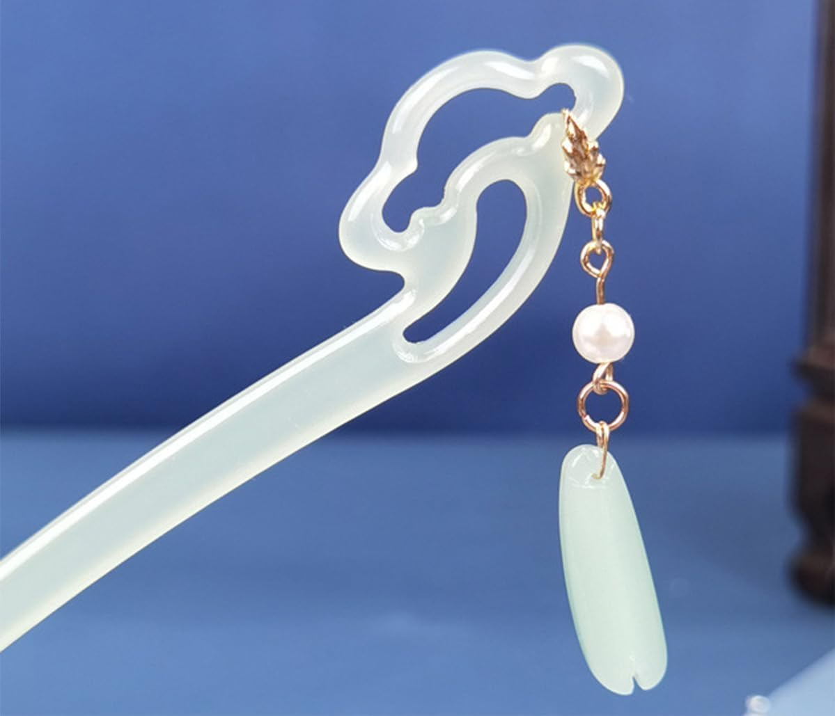 1 Pc Elegant Chinese Acetate Jade Hair Sticks for Long Hair,Hair Fork with Tassel Flower Pendent,Simple Hairpins for Cheongsam Braided Hairpins image number 3
