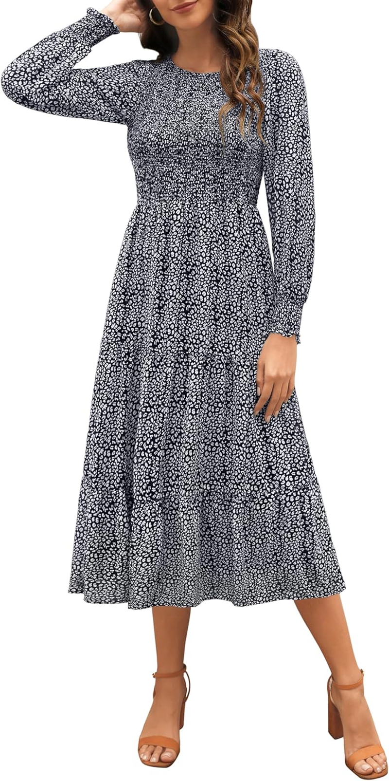 Zattcas Womens Fall Dresses 2024 Casual Long Sleeve Smocked Boho Floral Tiered Midi Wedding Guest Dress with Pockets image number 2
