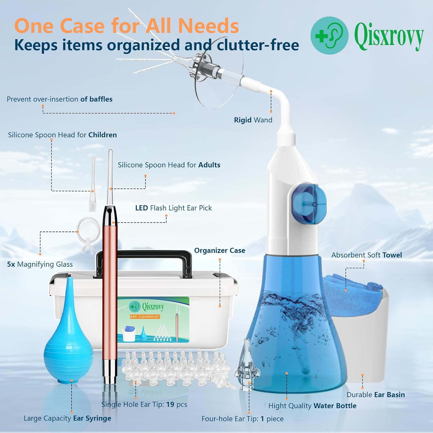 Ear Wax Removal Tool, Ear Cleaning Kits Safe Ear Irrigation Kit Ear Flush Kit for Adults Kids, Ear Wax Washer Device with LED Earwax Spoon, Basin, Bulb, Curette Kit, Towel, Tips, Storage Box Blue image number 3