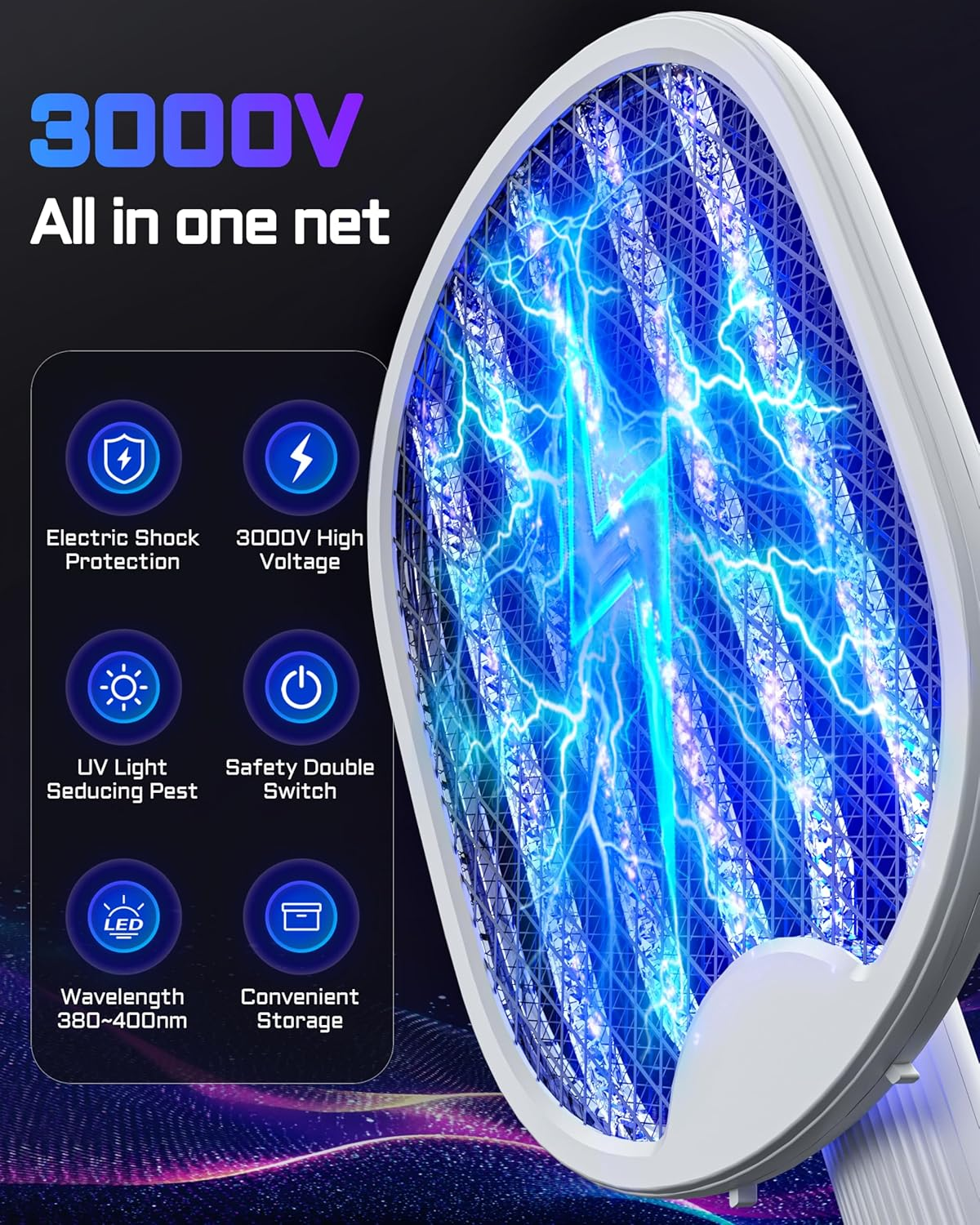 Mosquito Zapper Electric Fly Swatter - 180&deg; Foldable Bug Zapper, Rechargeable Electric Fly Swatter Racket with 3 Layers Safety Mesh, 3000V Electric Fly Trap for Indoor and Outdoor image number 3