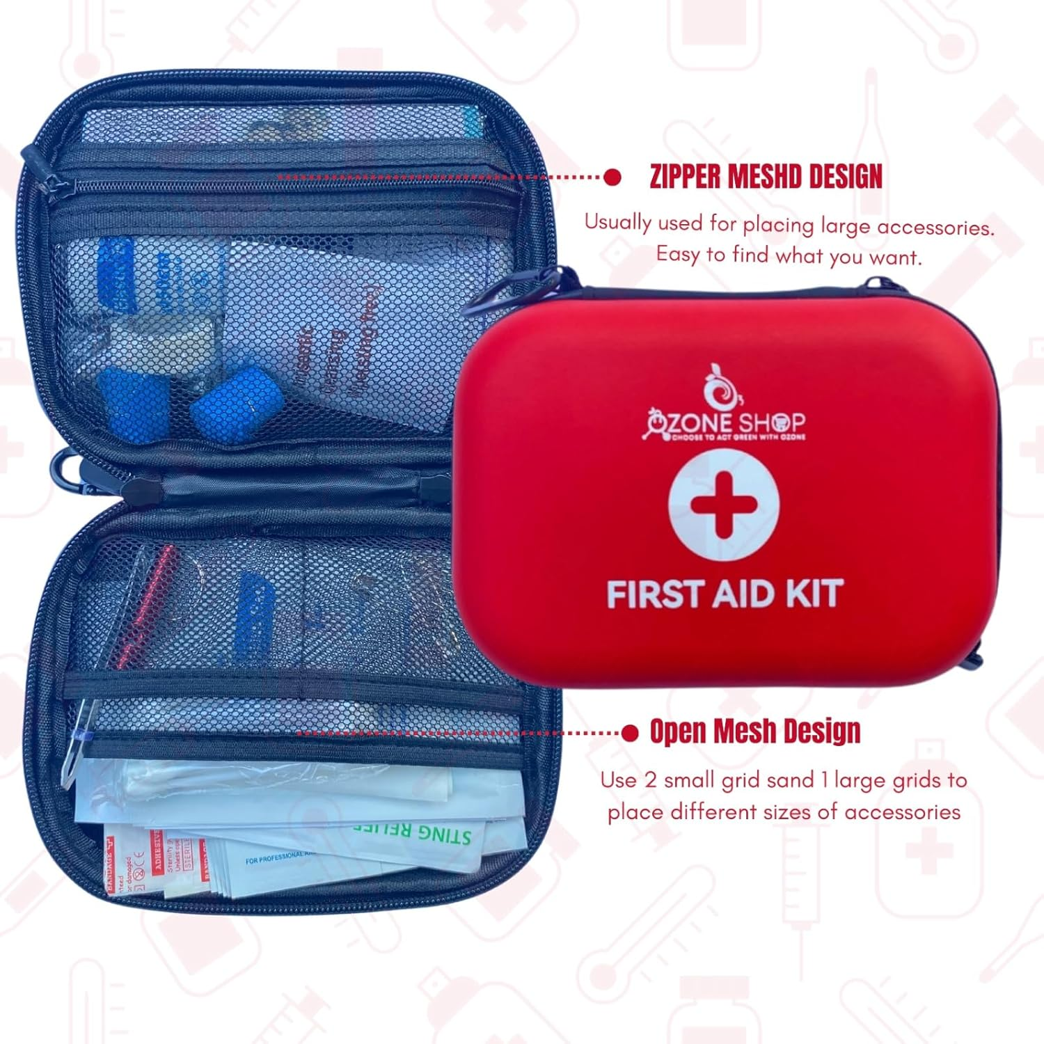 Ozone - All Purpose Portable Compact First Aid Kit for Minor Cuts, Scrapes, Sprains & Burns - Premium Waterproof Trauma Medical Kits for Any Emergency, Use for Home, Car, Travel, Camping and Outdoor (Red) image number 5