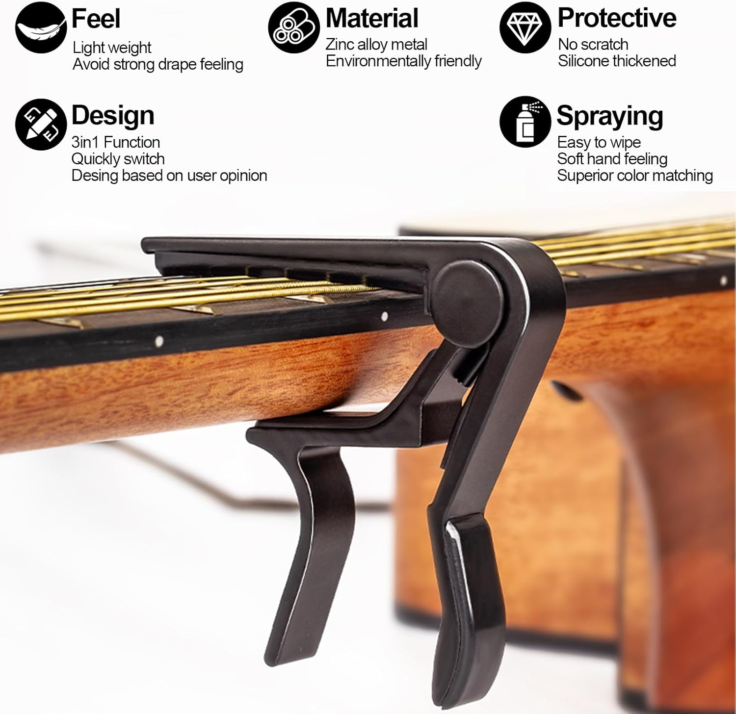 T Tersely Aluminum Alloy Guitar Capo Trigger with 3Pcs Guitar Picks Single Hand Use Quick Change Black Capos for Classical Acoustic Electric Guitars Ukulele image number 1