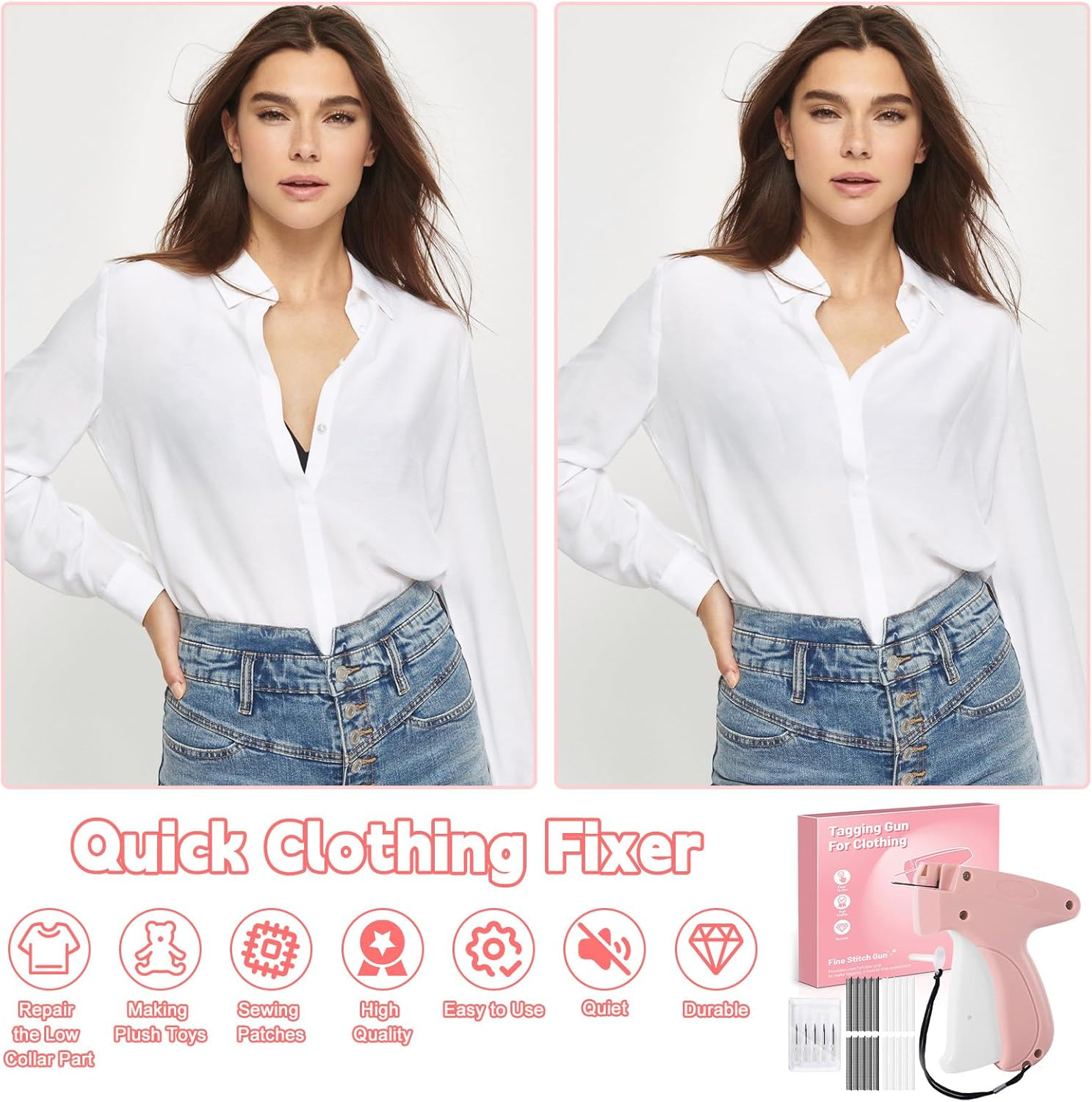 Pearyaest Handheld Stitch Gun for Clothes,Quick Clothing Fixer with 5 Needles,Mini Tagging Gun for Sewing,Hemming,Quilting1000 Black Fasteners & 1000 White Fasteners,Mini Sewing Kit Micro(Pink) image number 3