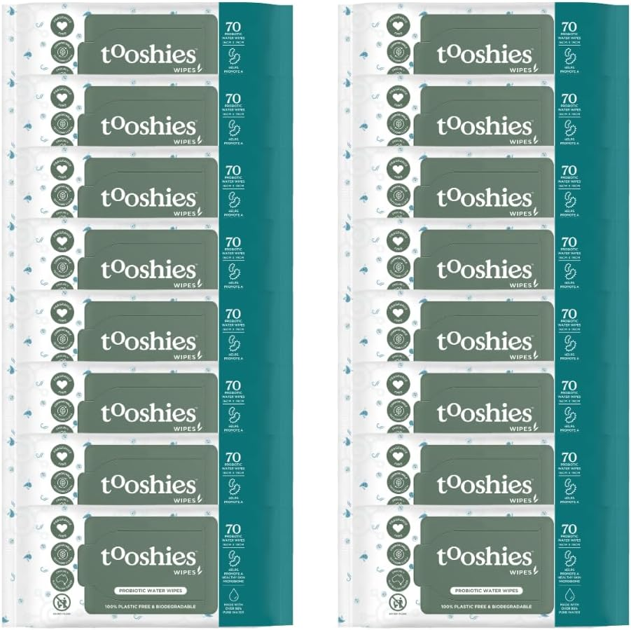 Tooshies Wipes | Probiotic Water Wipes | 100% Plastic Free | Biodegradable | Fragrance Free | 16 X 70Pk (1120 Wipes)