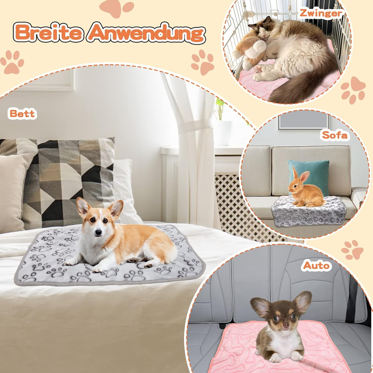 Gorgelly 1 Pack of 3 Dog Blankets, Soft Pet Blanket, Washable, Cuddly Blanket, Fluffy for Small, Medium Dogs, Cats, Sofa Protector for Dogs, Dog Blanket for Travel, 60 X 50 Cm