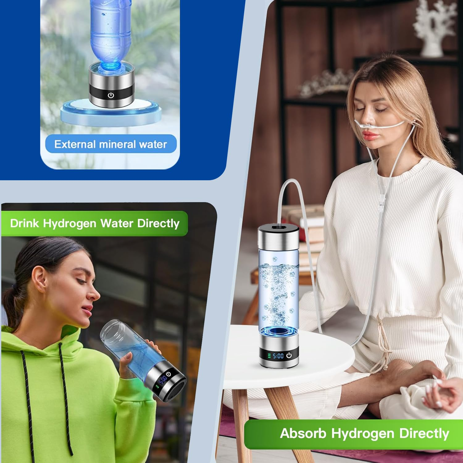 Glass Hydrogen Water Bottle, 16Oz/460Ml, 2500+ PPB, SPE/PEM Tech, LED Display, Type-C Rechargeable, Food-Grade, for Health & Daily Use image number 1