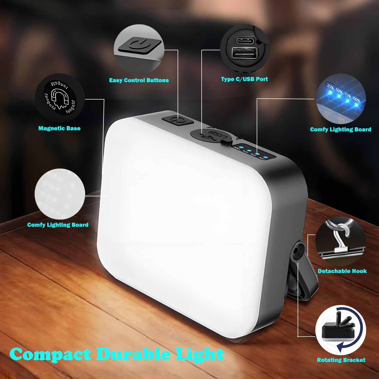 LED Camping Lantern Rechargeable 1000LM, 4000Mah Portable Camp Light with 4 Light Modes, IP64 Waterproof, Magnetic/Hook for Tent, Hiking, Emergency, Home, Car & Power Outages image number 3