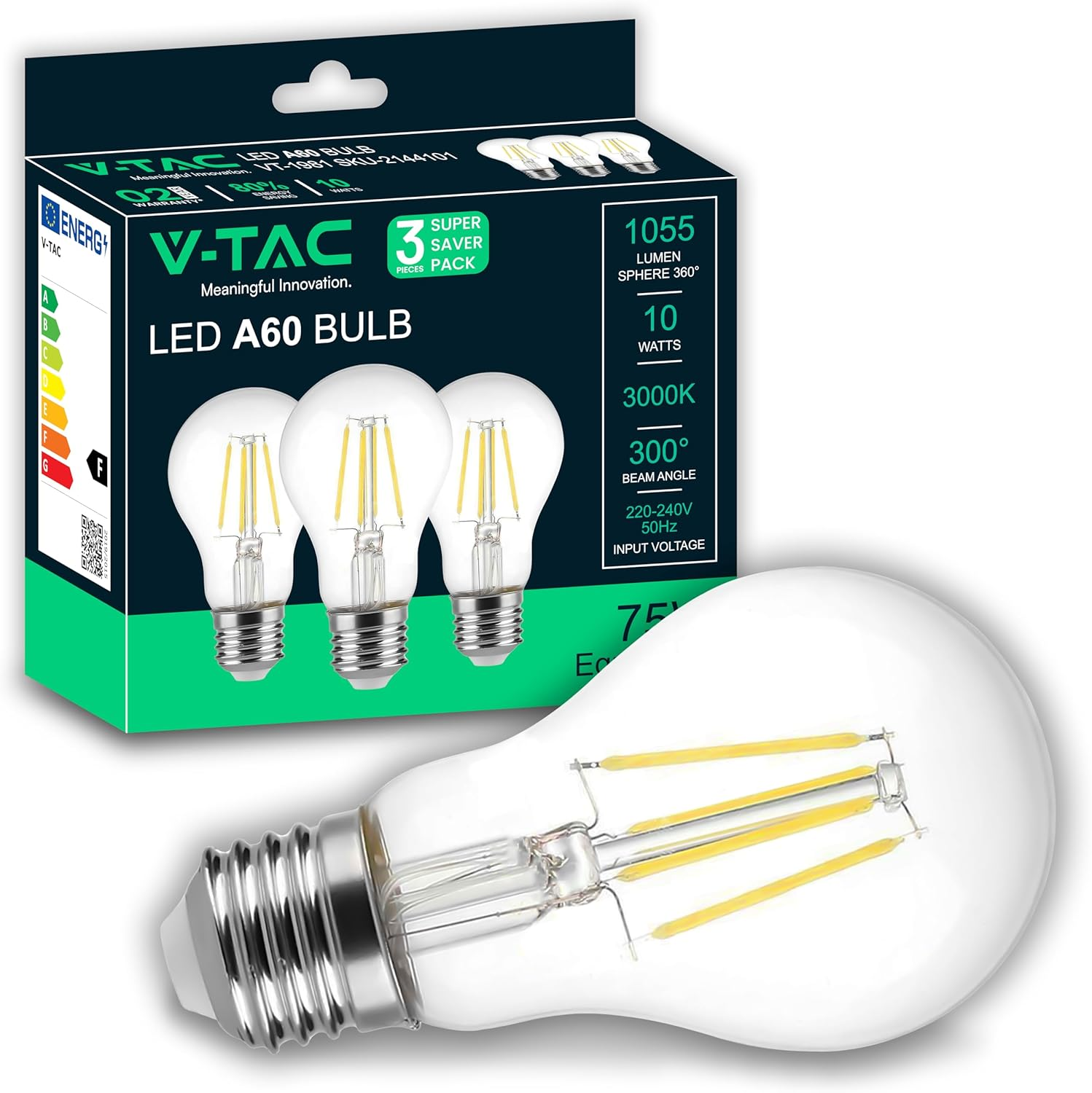 V-TAC 3 X LED Filament Bulbs E27-10W (75W Equivalent) A60-1055 Lumen &ndash; Vintage Glass LED Light Bulb &ndash; Maximum Efficiency and Energy Saving &ndash; 3000 K Warm White image number 3