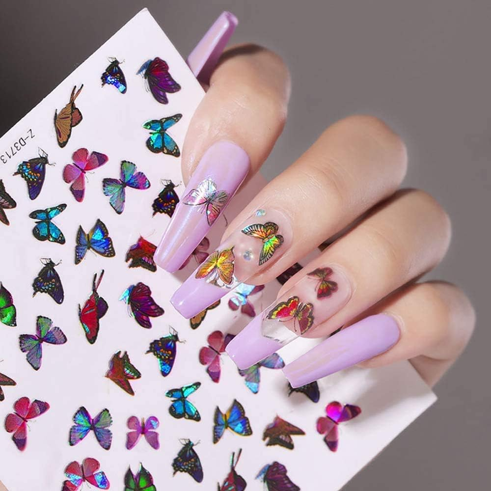Bogoro Nail Tattoos,48Pcs Nail Art Stickers Butterfly,3D Laser Butterfly Nail Stickers,Nail Art Tattoo Decals,Adhesive Assorted Patterns Butterfly Nail Decals for Women Salon Home Nail Tips Decoration image number 5
