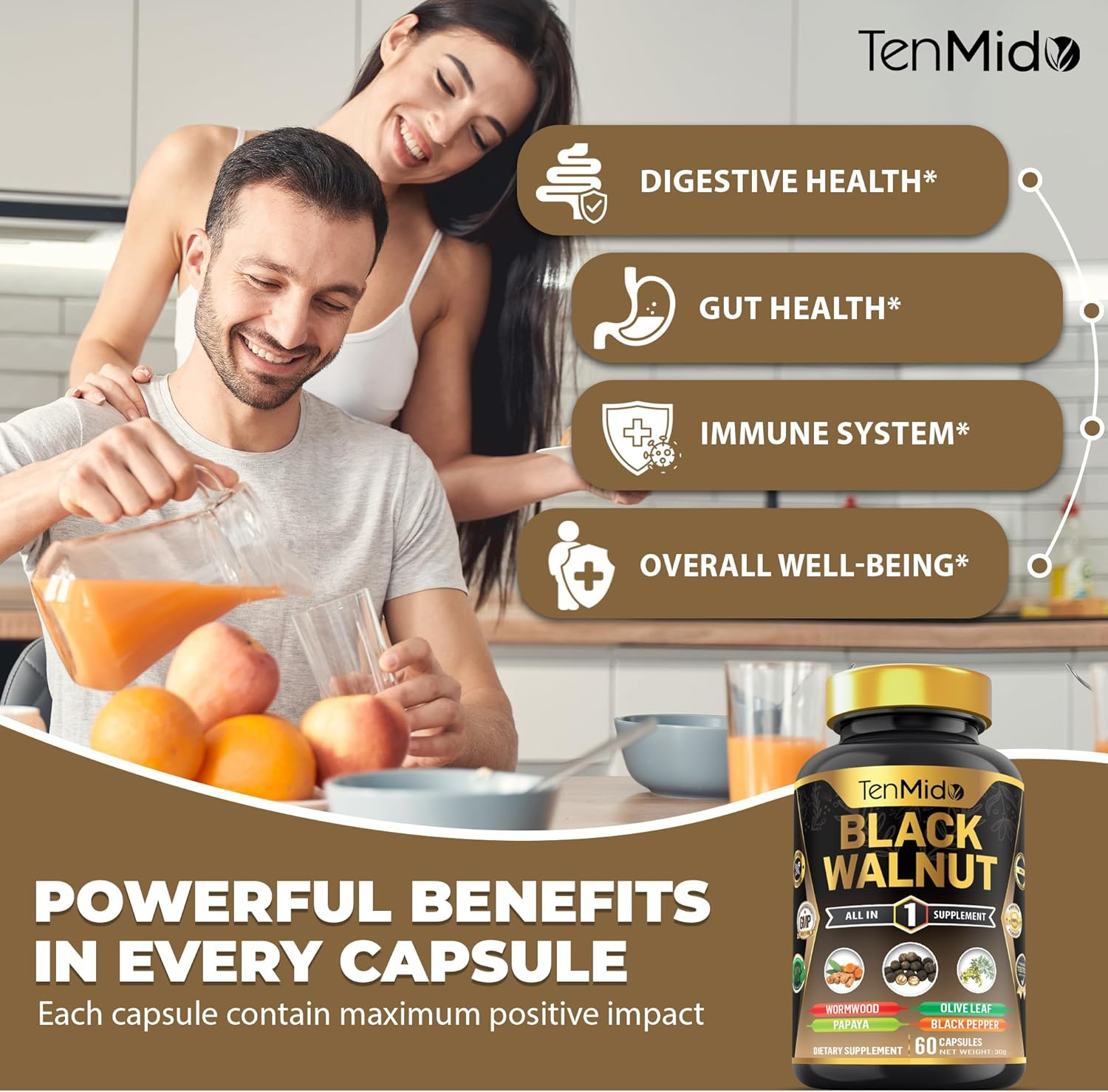 Black Walnut Supplement - 6In1 Blend with Wormwood, Turmeric, Papaya, Olive Leaf and Black Pepper- Gut & Digestive Health Support - 60 Vegan & Non-Gmo Capsules image number 3