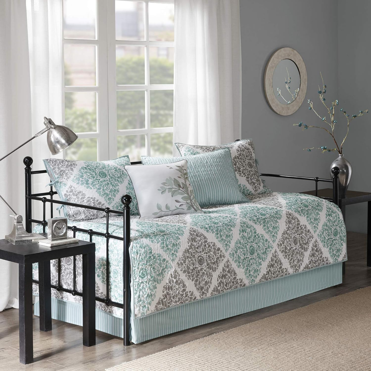 Madison Park Daybed Cover Set - Double Sided Quilting Casual Design, All Season Bedding with Bedskirt, Matching Shams, Decorative Pillow, 75"X39", Diamond Aqua 6 Piece image number 4