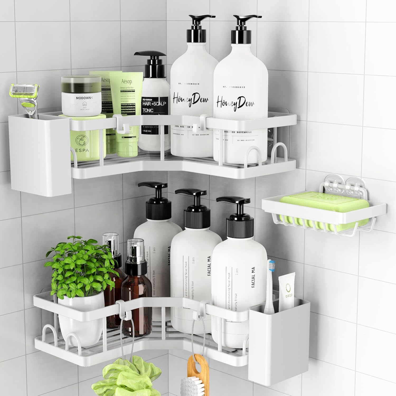 PKBD Corner Shower Caddy 3 Pack,Bathroom Storage No Drilling,Shower Storage with Soap Holder&Hooks&Toothpaste Holders,Bathroom or Kitchen,Rustproof Stainless Steel Suction Bathroom Accessories,Black