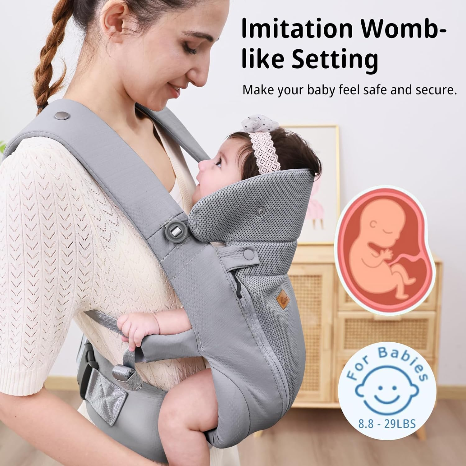 CUBY Baby Carriers from Newborn, Summer Mesh Double Zipper Ergonomic Baby Holder Belt Toddler Carrier from Newborn, Detachable Hood & Reversible Head Neck Support Baby Carrier for Walking Use to 30LBS - Crotch Protector White image number 6